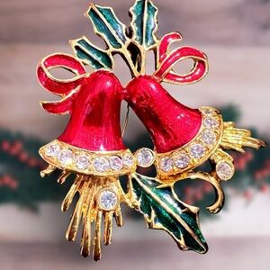 Vintage Beautiful Christmas Bells Enamel Rhinestone Brooch Signed SFJ